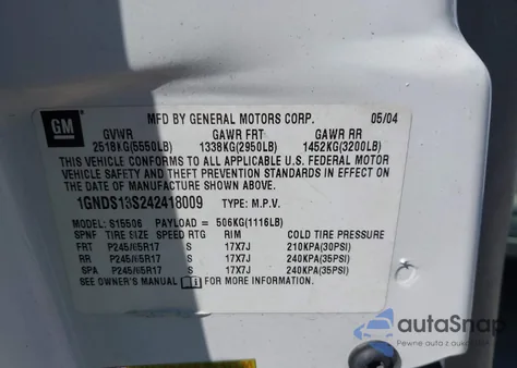 2004 Chevrolet Trailblazer Ls from USA, damaged, VIN 1GNDS13S242418009